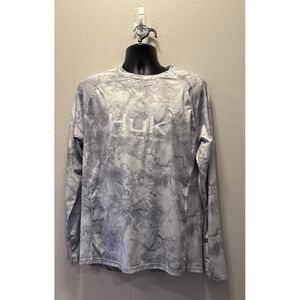 Huk Performance White Fracture Camo Long‎ Sleeve Crew Neck Fishing Shirt Men L